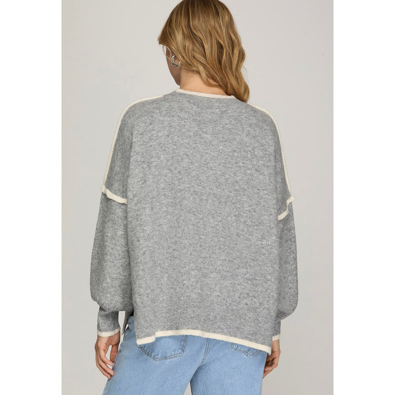 She & Sky Women's Grey Contrast Sweater Top