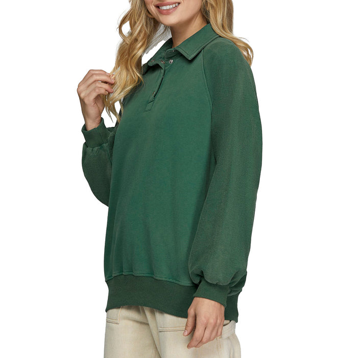 She & Sky Women's Green Snap Collard Sweatshirt