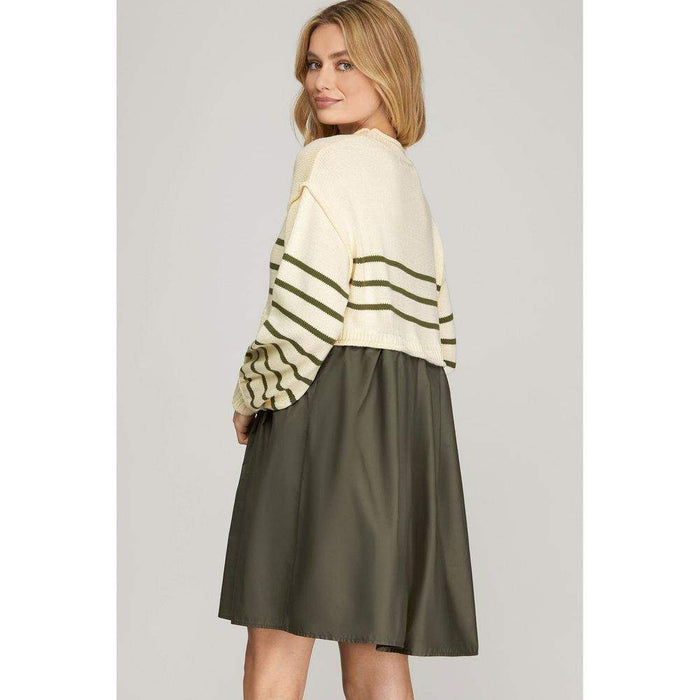She & Sky Women's Olive Striped Sweater Comb Dress She & Sky Women's Olive Striped Sweater Comb Dress