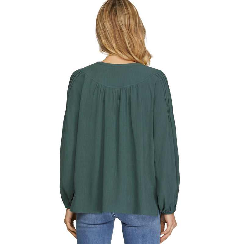 She & Sky Womens Hunter Green Pintuck Long Sleeve Top