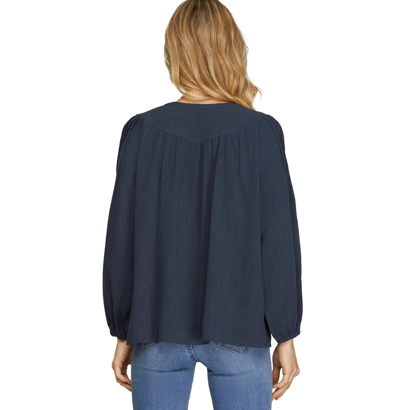 She & Sky Womens Navy Pintuck Long Sleeve Top