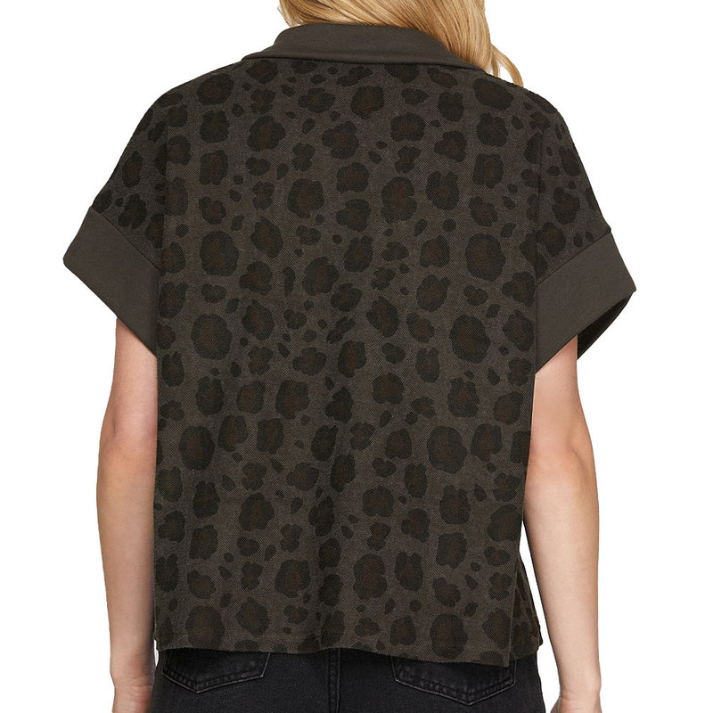 She & Sky Women's Charcoal Leopard Half Zip Top