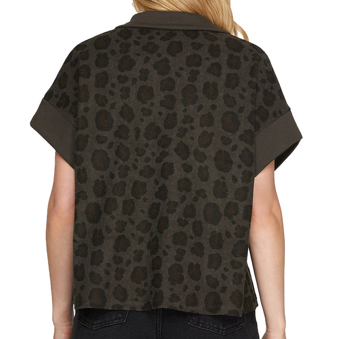 She & Sky Women's Charcoal Leopard Half Zip Top