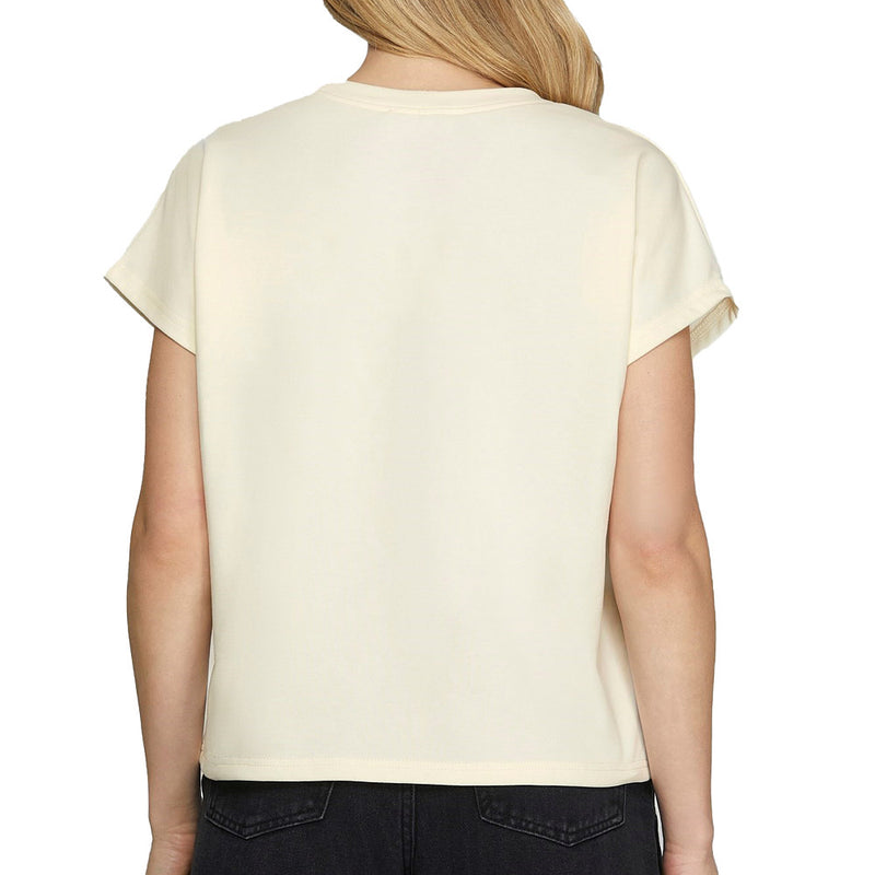 She & Sky Women's Cream Animal Print Bow Top