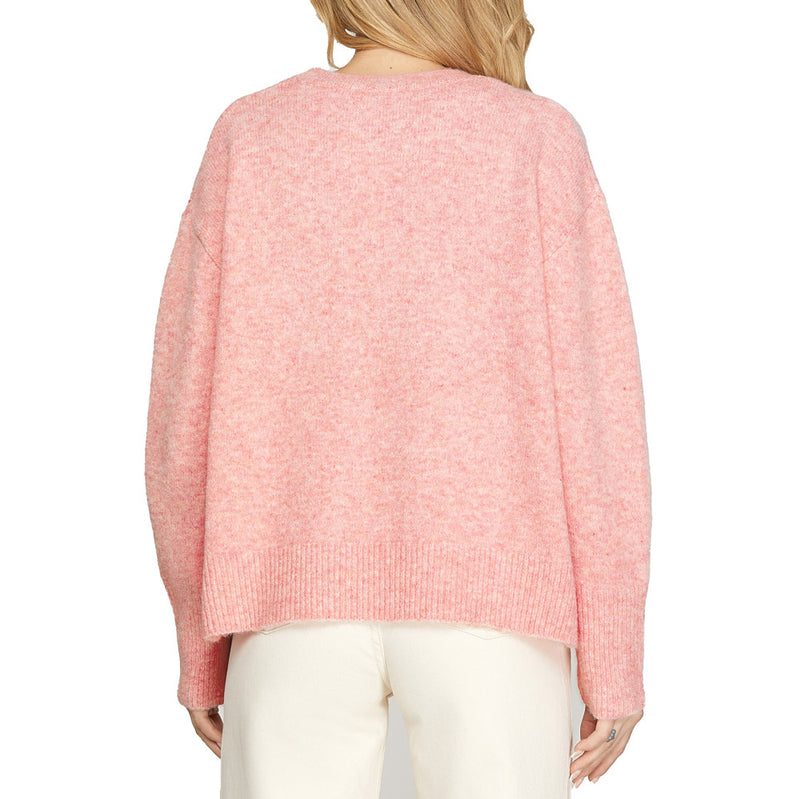 She & Sky Women's Pink Round Neck Sweater