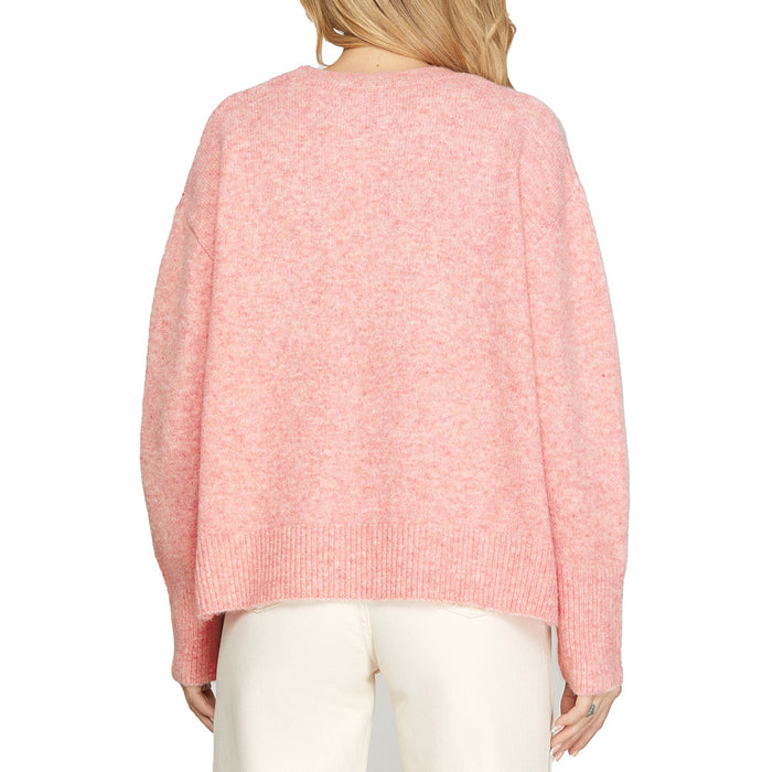 She & Sky Women's Pink Round Neck Sweater
