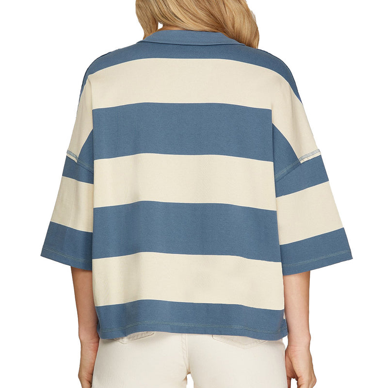 She & Sky Women's Dusty Blue Rugby Stripe Boxy Top
