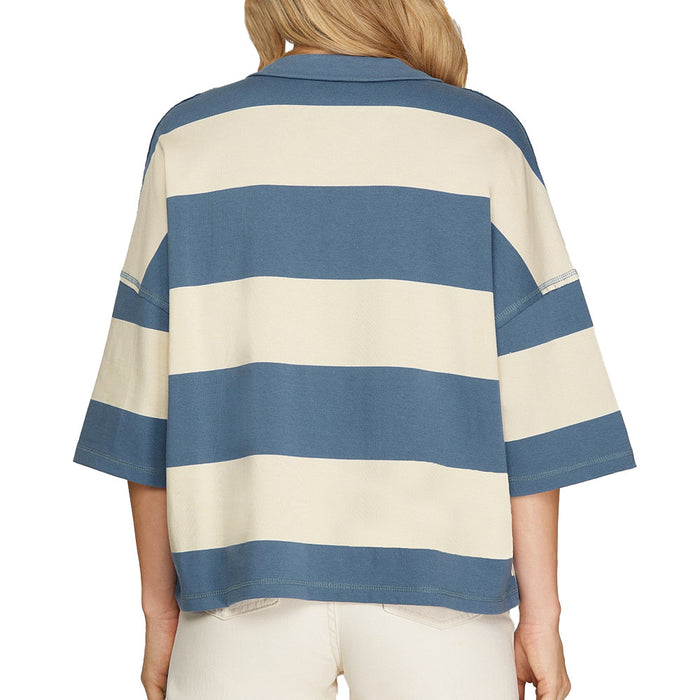 She & Sky Women's Dusty Blue Rugby Stripe Boxy Top