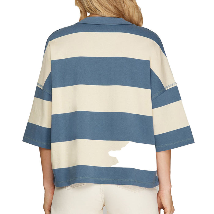 She & Sky Women's Dusty Blue Rugby Stripe Boxy Top