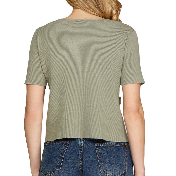 She & Sky Women's Olive Tie Front Top