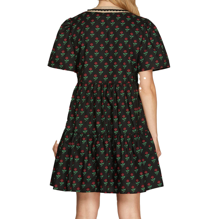 She & Sky Women's Black Floral Print Mini Dress