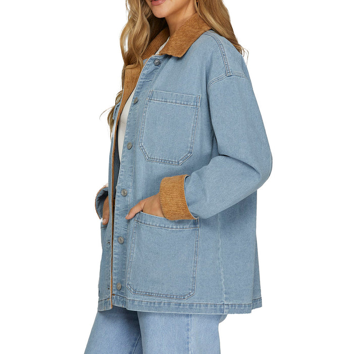 She & Sky Women's Blue Contrast Collard Barn Jacket