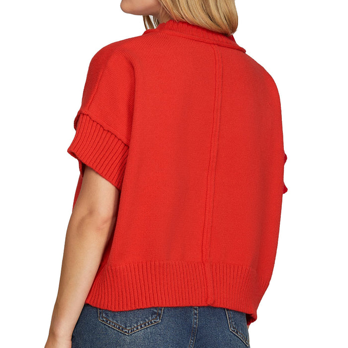 She & Sky Women's Red Half Sleeve Crew Neck Sweater