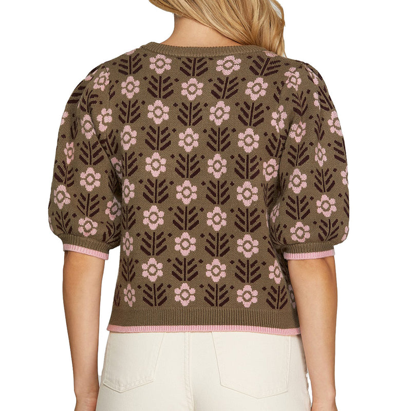 She & Sky Women's Olive Puff Sleeve Floral Sweater
