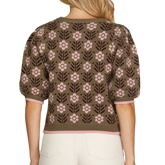 She & Sky Women's Olive Puff Sleeve Floral Sweater