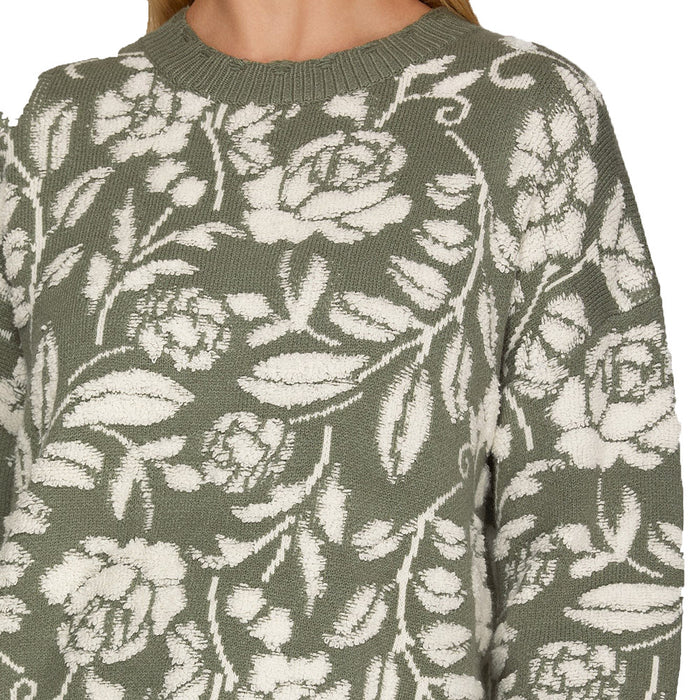 She & Sky Women's Olive Flower Print Sweater