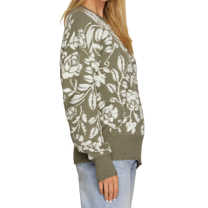 She & Sky Women's Olive Flower Print Sweater