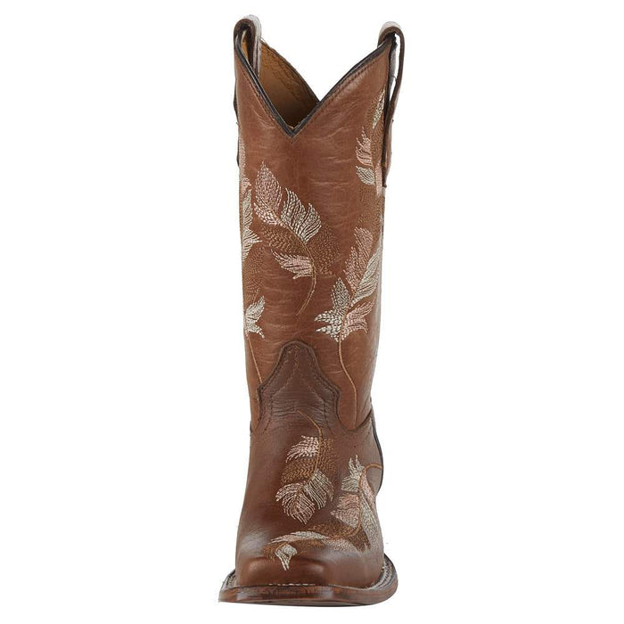 Corral Kids Tan and Pink Embroidered Feather Square Toe Cowgirl Boot