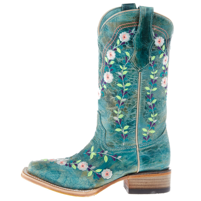 Corral Kids Turquoise Flowered Embroidery 10 In Turquoise Crater Top Boot
