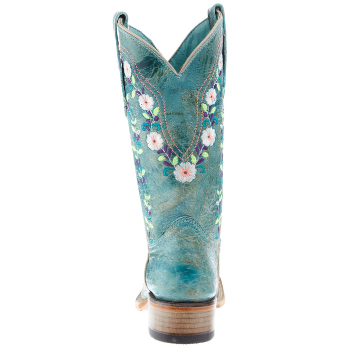 Corral Kids Turquoise Flowered Embroidery 10 In Turquoise Crater Top Boot