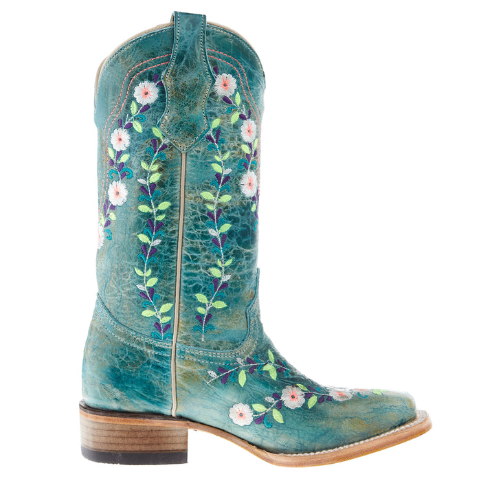 Corral Kids Turquoise Flowered Embroidery 10 In Turquoise Crater Top Boot