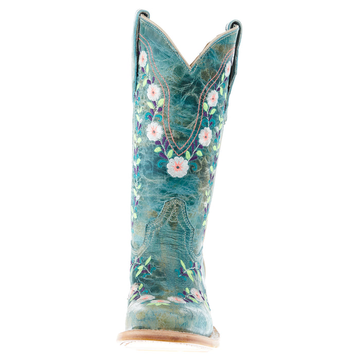 Corral Kids Turquoise Flowered Embroidery 10 In Turquoise Crater Top Boot