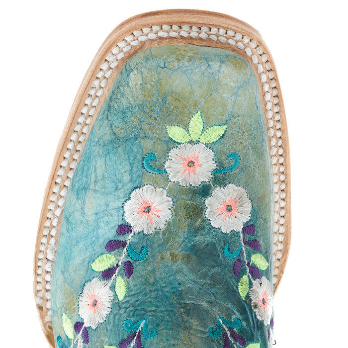 Corral Kids Turquoise Flowered Embroidery 10 In Turquoise Crater Top Boot