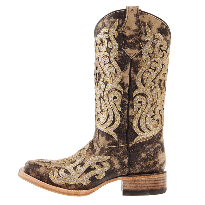 Corral Brown Glitter Embroidery And Overlay Square Toe Boot
