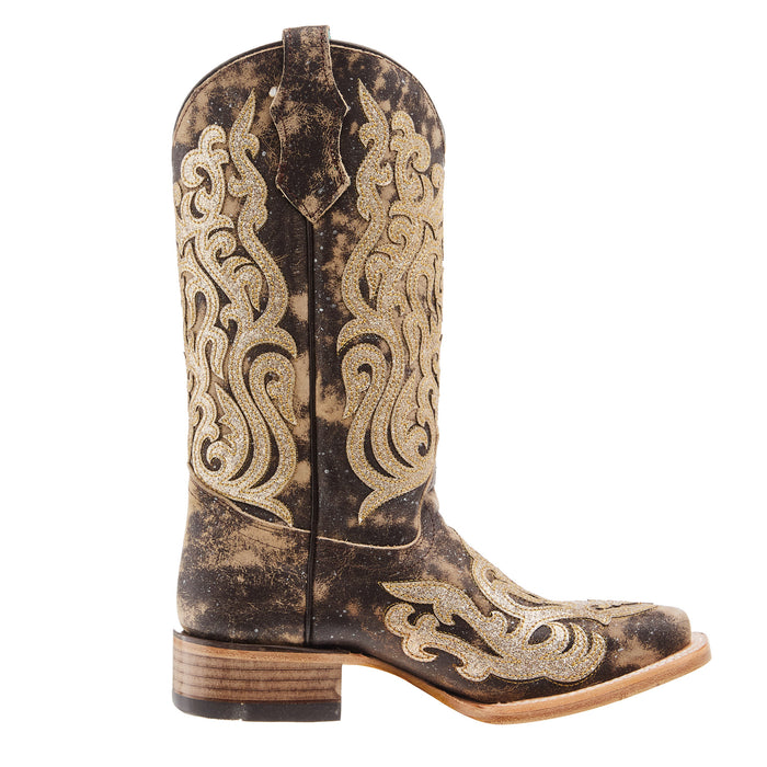 Corral Brown Glitter Embroidery And Overlay Square Toe Boot