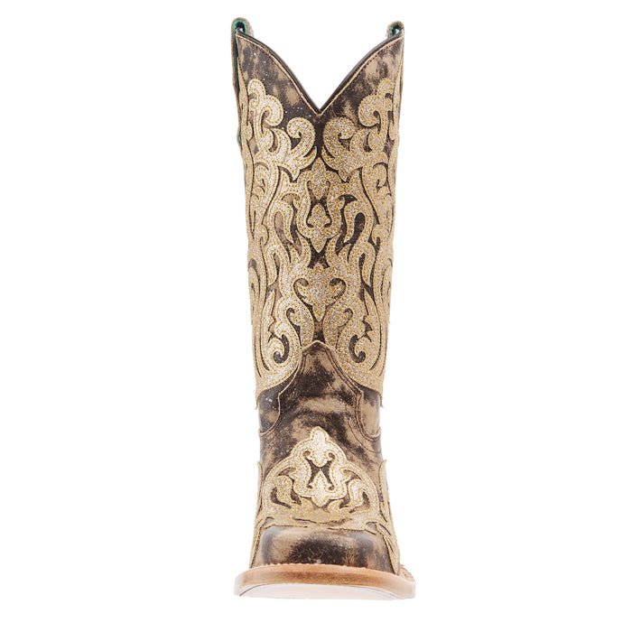 Corral Brown Glitter Embroidery And Overlay Square Toe Boot