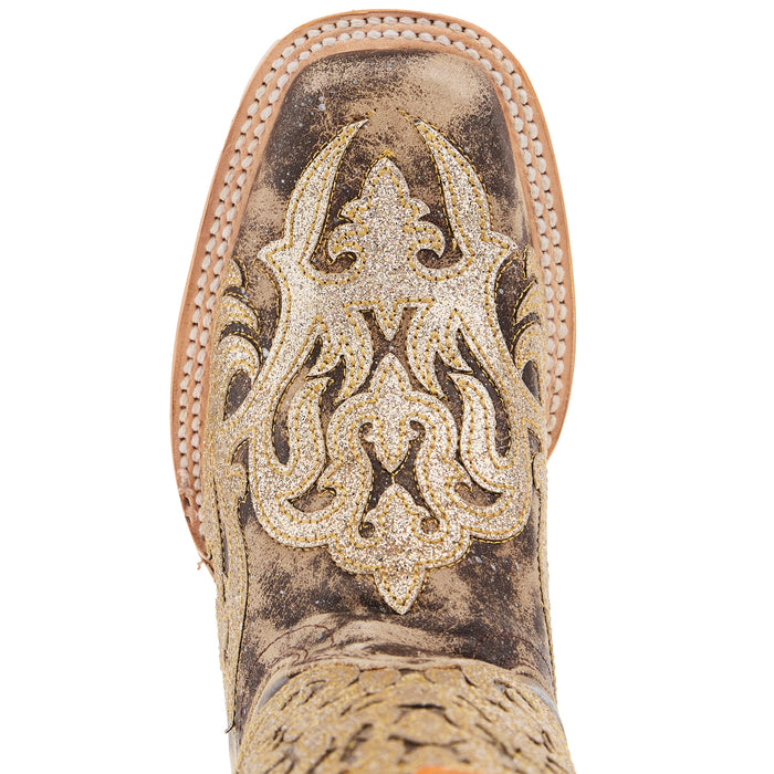 Corral Brown Glitter Embroidery And Overlay Square Toe Boot