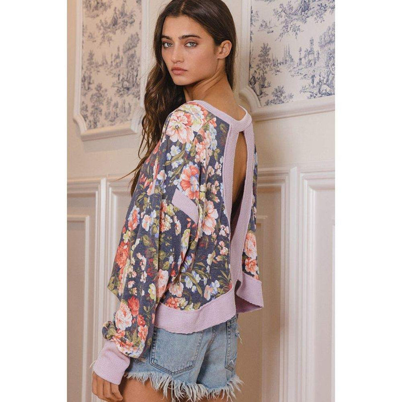 Bucketlist Women's Navy and Lavender Open Back Floral Top