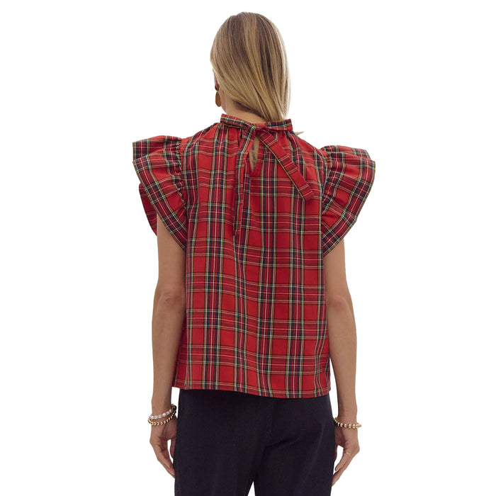 Entro Women's Red Plaid Ruffle Sleeve Top