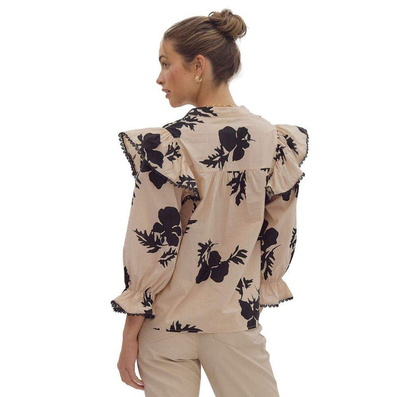 Entro Women's Ecru Print Ruffle Sleeve Top
