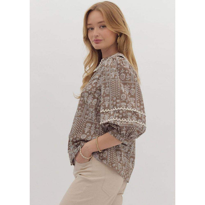 Entro Women's Mocha Floral Print Blouse