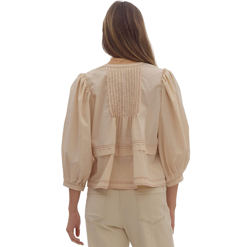 Entro Women's Ecru 3/4 Pleated Sleeve Top