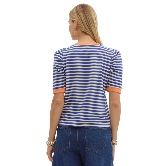Entro Womens Blue Stripe Pull Over Top