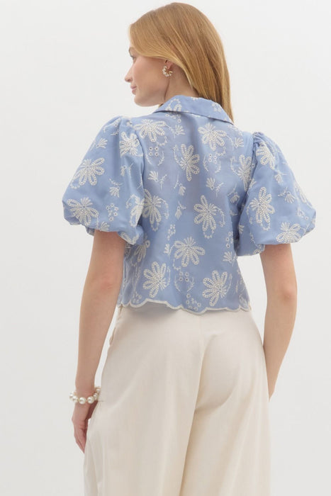 Entro Womens Blue Floral Embroidered w/Tie Front Top