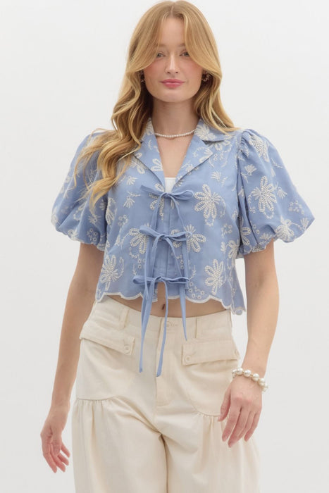 Entro Womens Blue Floral Embroidered w/Tie Front Top