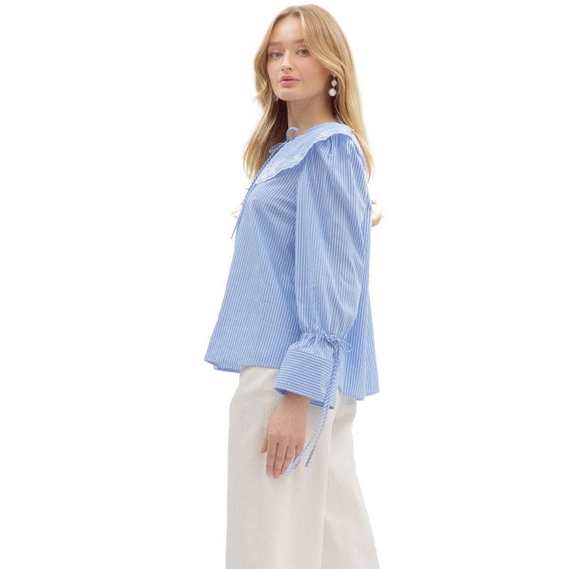 Entro Women's Blue Stripe Embroidered Collar Top