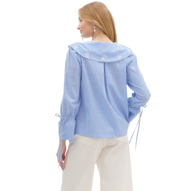 Entro Women's Blue Stripe Embroidered Collar Top