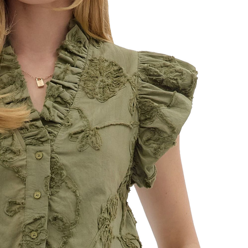 Entro Women's Olive Ruffle Sleeve Top