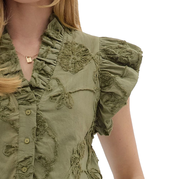 Entro Women's Olive Ruffle Sleeve Top