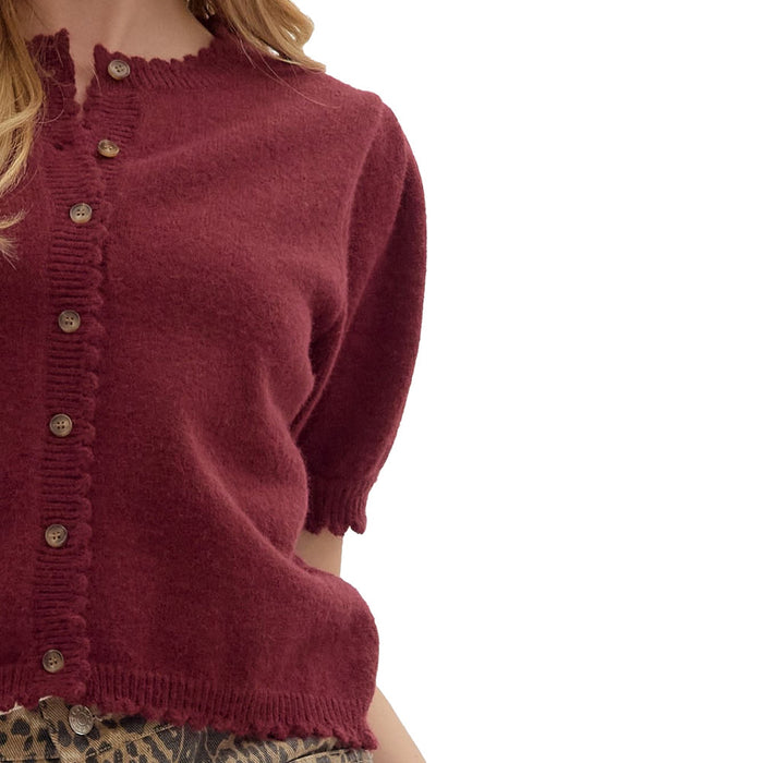 Entro Women's Wine Scalloped Edge Short Sleeve Sweater
