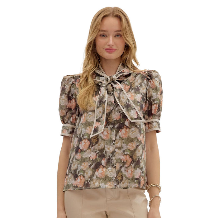 Entro Women's Olive Print Short Sleeve Top
