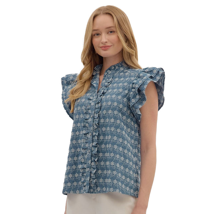 Entro Women's Denim Ruffle Sleeve Top