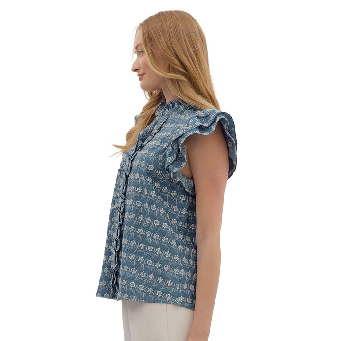 Entro Women's Denim Ruffle Sleeve Top
