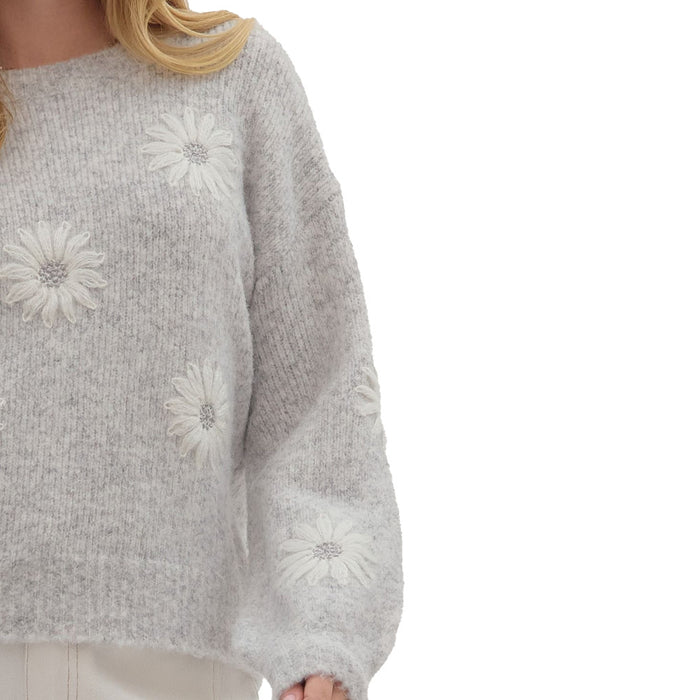 Entro Women's Silver Daisy Applique Sweater