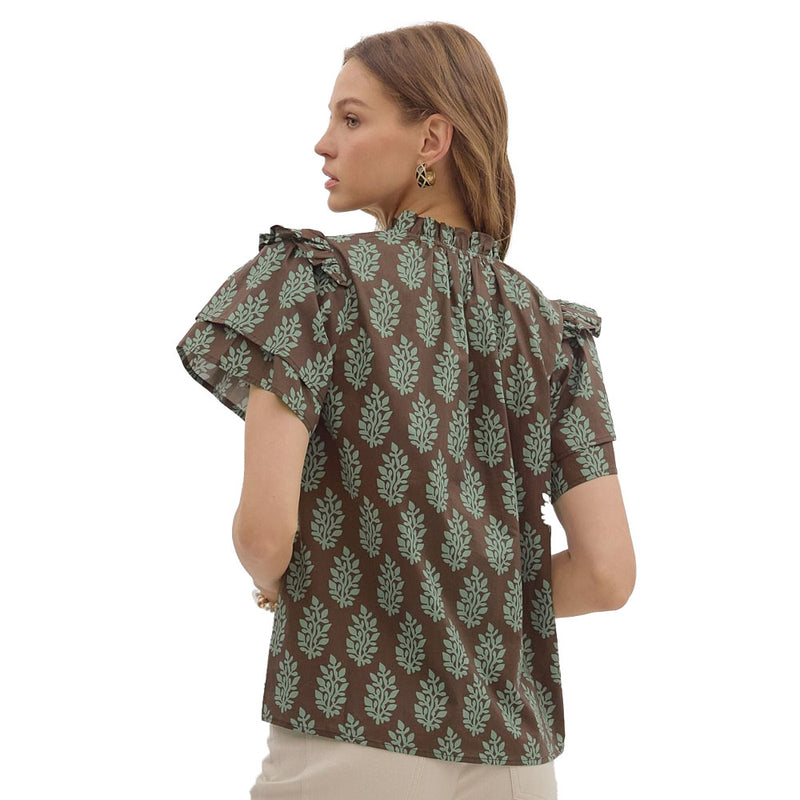 Entro Women's Brown Print Ruffle Sleeve Top