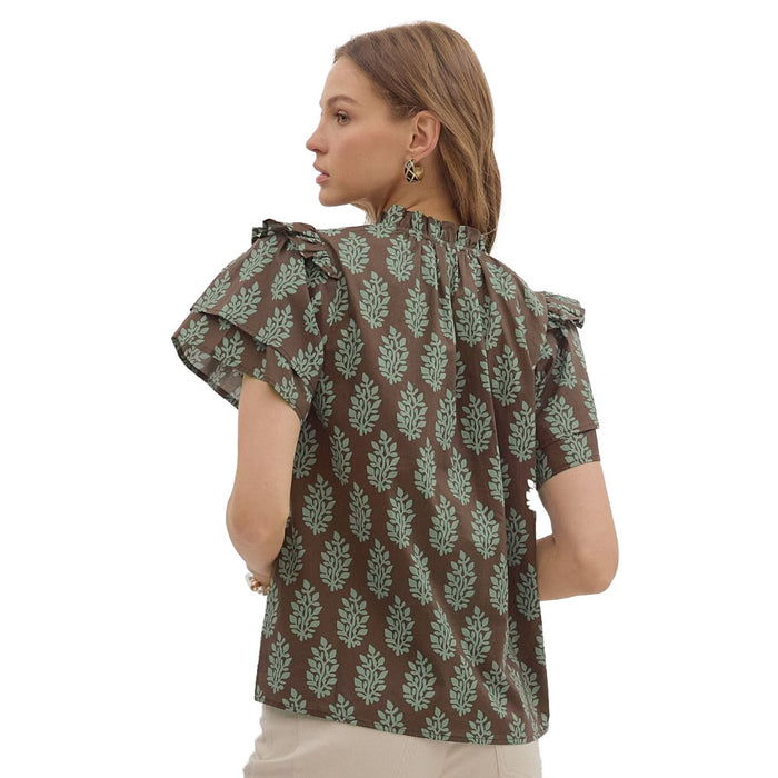 Entro Women's Brown Print Ruffle Sleeve Top